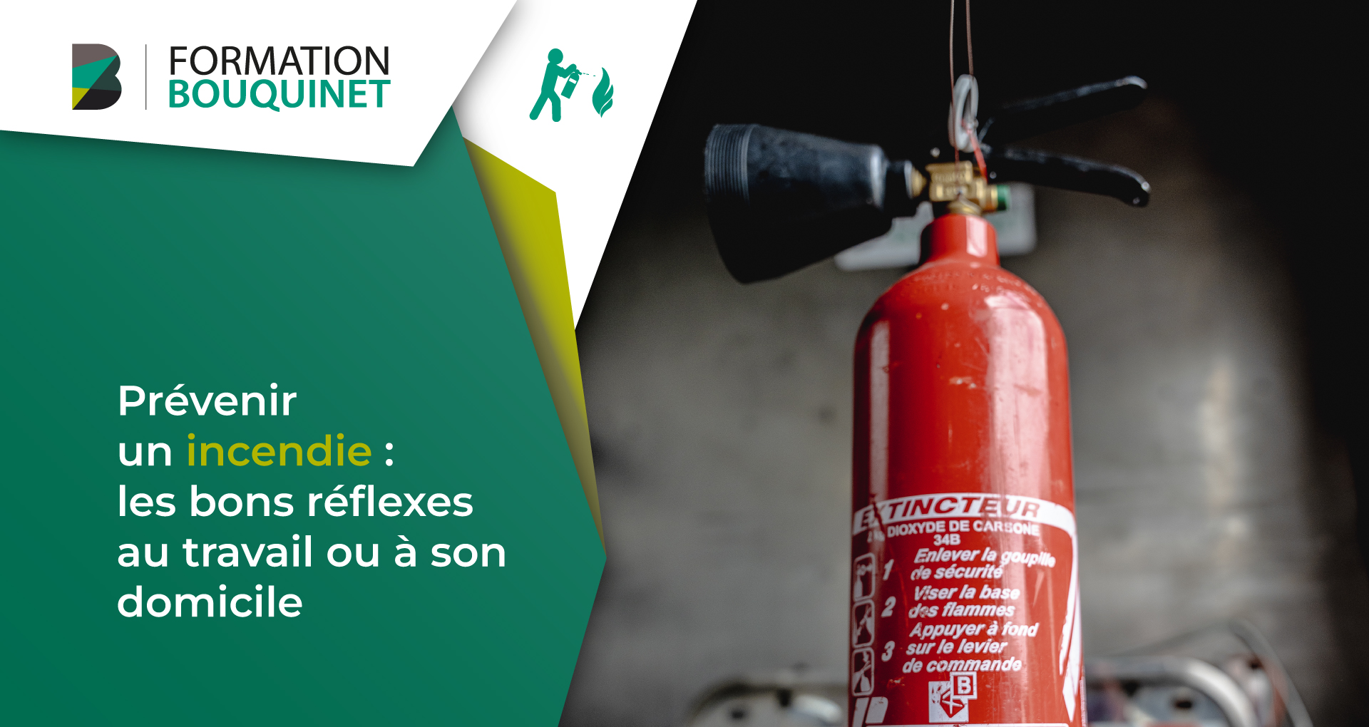 Infographie illustrant l'article sur les bons reflexes à avoir au travail ou à son domicile pour prévenir les incendies. On y voir une photo d'extincteur.