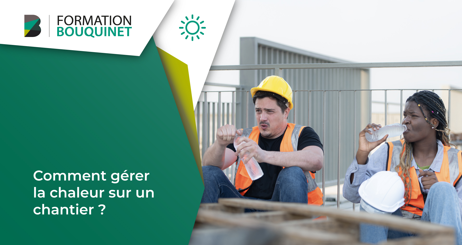 Infographie illustration l'article Gestion de la chaleur sur un chantier. Représente 2 ouvriers sur un chantier qui font une pause pour s'hydrater.