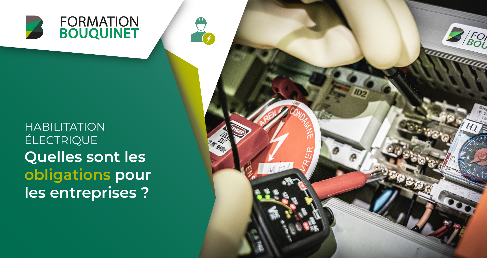 Illustration de l'article "Habilitation Electriques : Quelles sont les obligations pour les entreprises" avec une photo représentant des mains qui réalisent une manipulation sur un système électrique