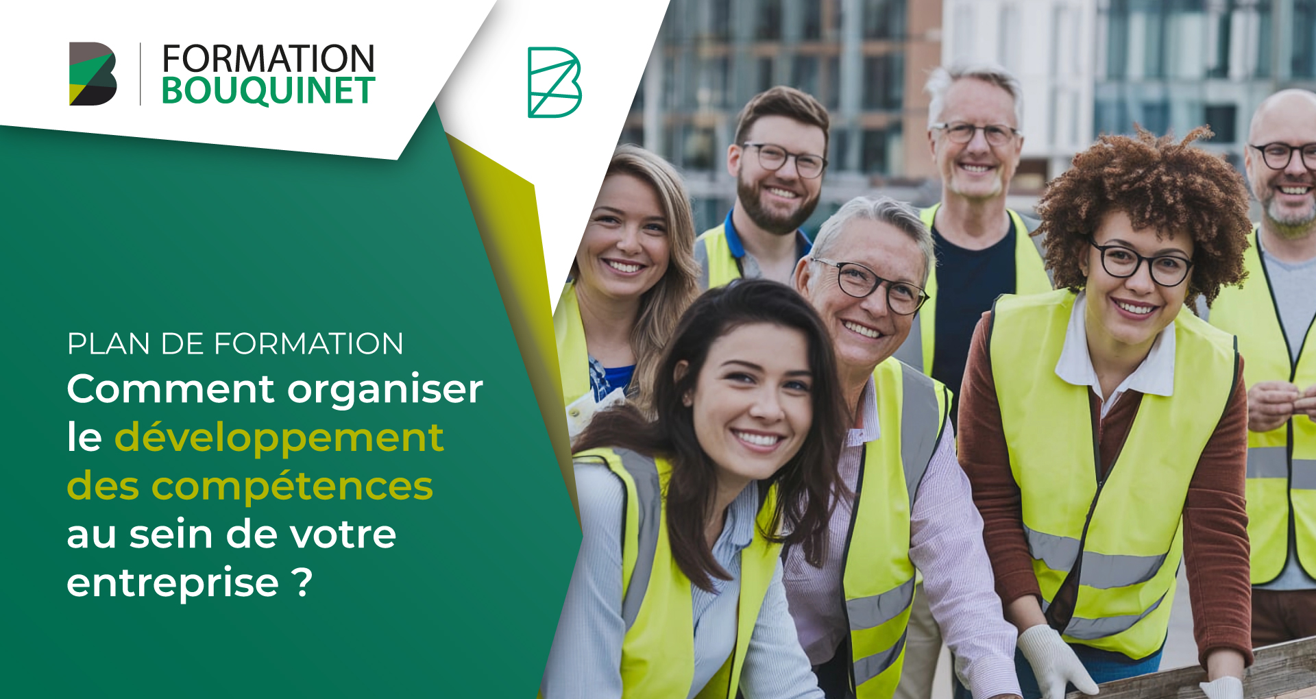 Illustration de l'article "Plan de formation : comment organiser le développement des compétences au sein de votre entreprise ?" avec plusieurs collaborateurs portant des gilets de sécurité